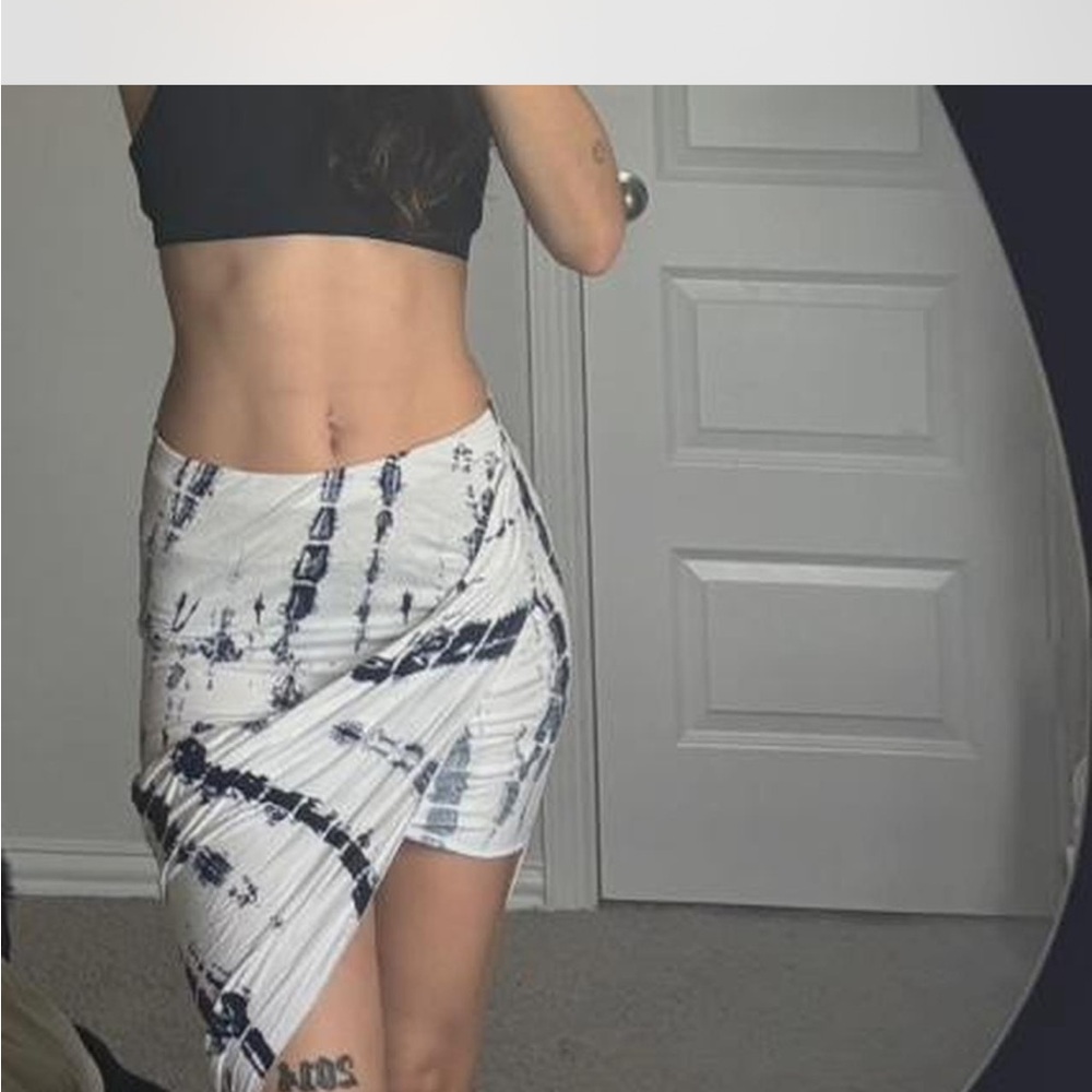A+ Ellen White and Navy Tie-Dye Asymmetrical Wrap Mini Skirt